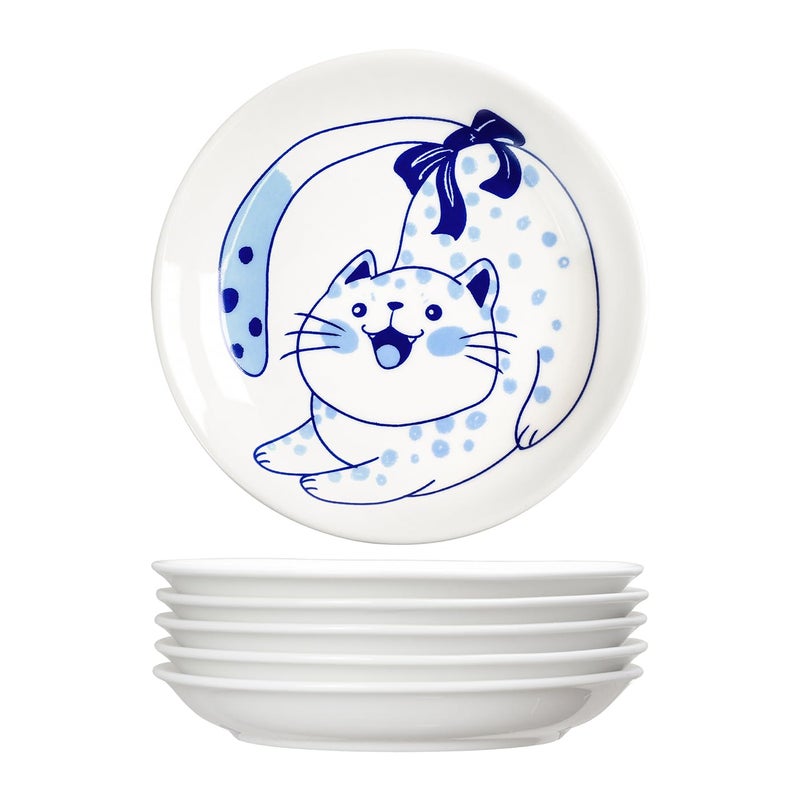 Bicuzat Blue and White Porcelain Vintage Cats Pattern Dessert Plates, Appetizer Plates, Snack Plates Set, Seasoning Dishes, Side Dishes, Saucer Dipping Bowls, 6 PCS-Blue Cats-5 Inch - Image 2