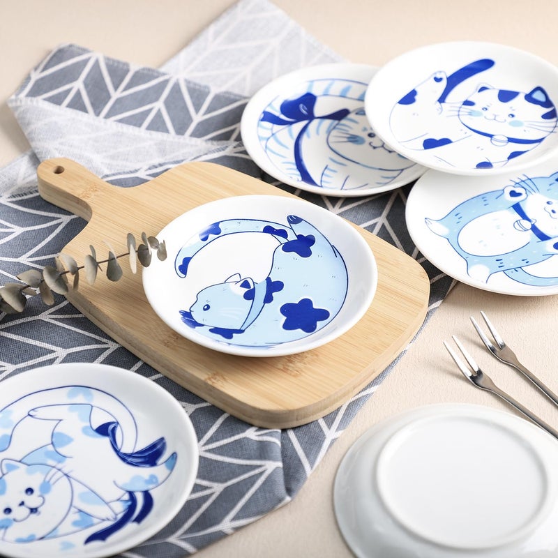 Bicuzat Blue and White Porcelain Vintage Cats Pattern Dessert Plates, Appetizer Plates, Snack Plates Set, Seasoning Dishes, Side Dishes, Saucer Dipping Bowls, 6 PCS-Blue Cats-5 Inch - Image 4