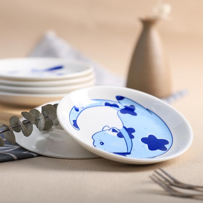 Bicuzat Blue and White Porcelain Vintage Cats Pattern Dessert Plates, Appetizer Plates, Snack Plates Set, Seasoning Dishes, Side Dishes, Saucer Dipping Bowls, 6 PCS-Blue Cats-5 Inch - Image 5