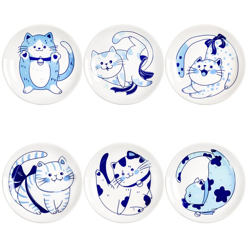 Bicuzat Blue and White Porcelain Vintage Cats Pattern Dessert Plates, Appetizer Plates, Snack Plates Set, Seasoning Dishes, Side Dishes, Saucer Dipping Bowls, 6 PCS-Blue Cats-5 Inch - Image 1