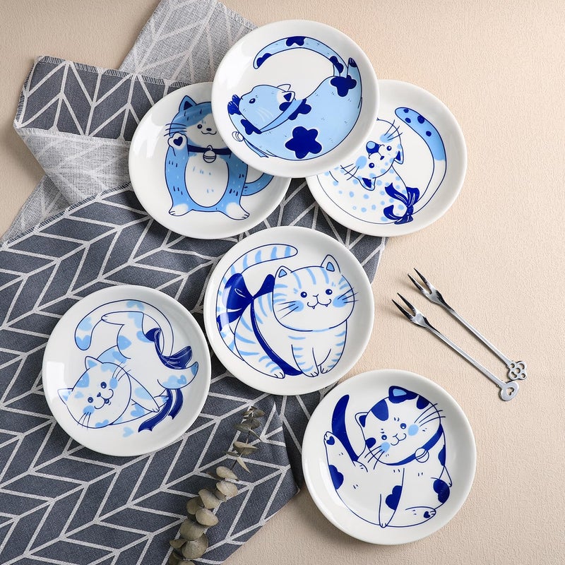 Bicuzat Blue and White Porcelain Vintage Cats Pattern Dessert Plates, Appetizer Plates, Snack Plates Set, Seasoning Dishes, Side Dishes, Saucer Dipping Bowls, 6 PCS-Blue Cats-5 Inch - Image 3