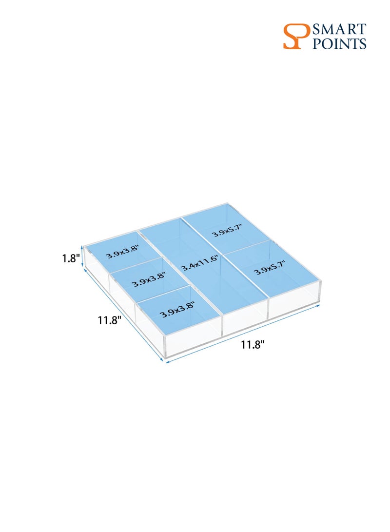 SMARTPOINTS Acrylic Drawer Organizer, 6 Section Clear Makeup Tray Organizer for Drawer Office Bedroom(11.8x11.8 inch) - Image 2