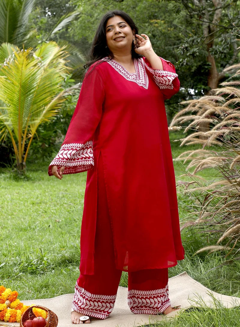 Instafab Plus Instafab Plus Women's Scarlet Red Indie Leaf-Lined Imprint Kurta Set For Ethnic Wear | V-Neck, Long Flared Sleeves | Floral Placement Print Plain Fabric | 2 Piece Kurta Set For Casual & Evening Wear