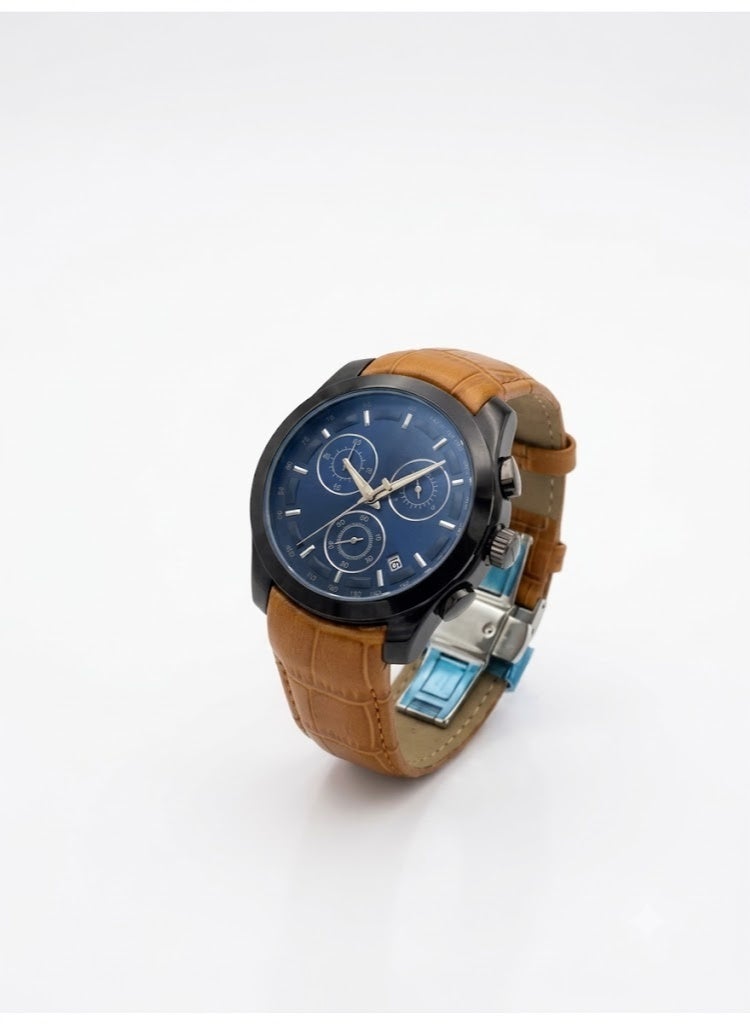 Men's Chronograph Watch with Blue Dial, Black Case & Light Brown Alligator-Textured Leather Band