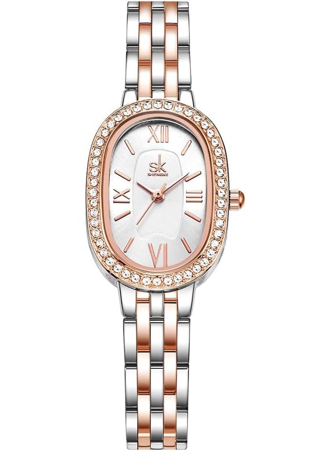 SHENGKE SK Women’s Oval-Shaped Crystal-Accented Solid Alloy Steel Bracelet Watch - Image 1