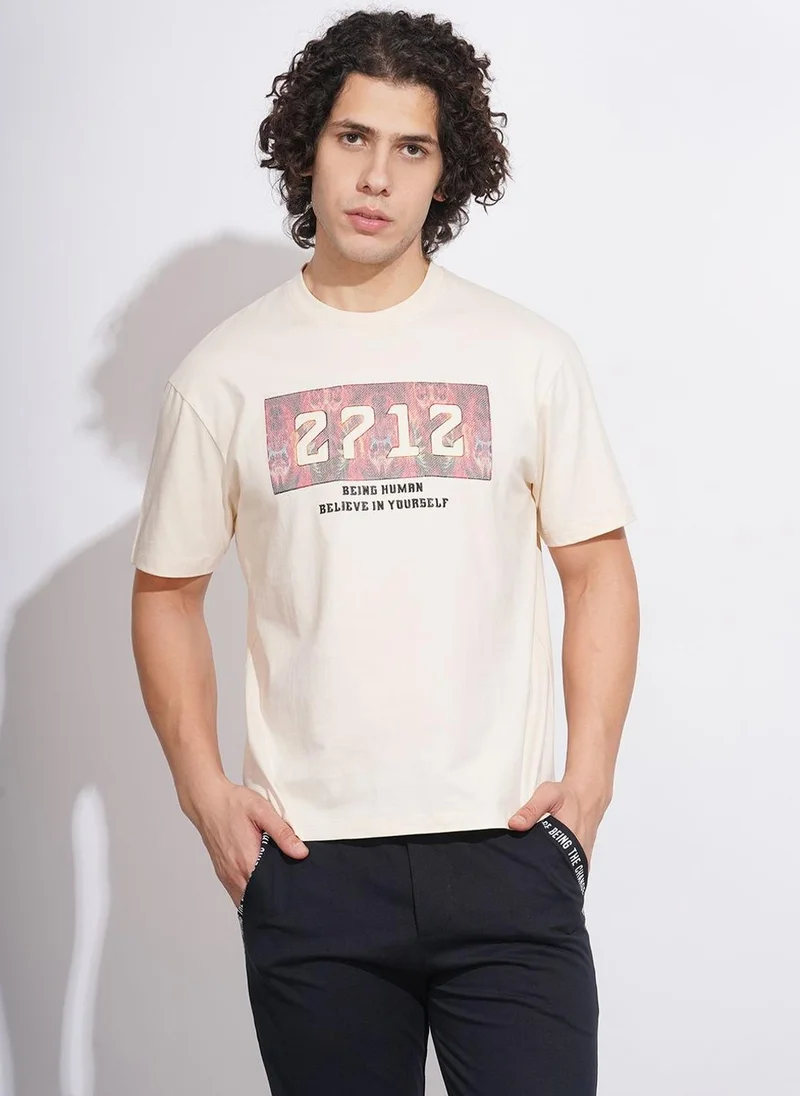 بيينغ هيومان Men Alphanumeric Printed Round Neck Pure Cotton T-shirt