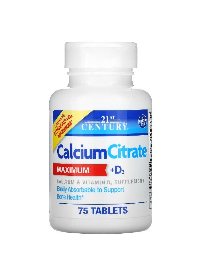 21st Century, Calcium Citrate + D3 Maximum, 75 Tablets (Packaging may vary)