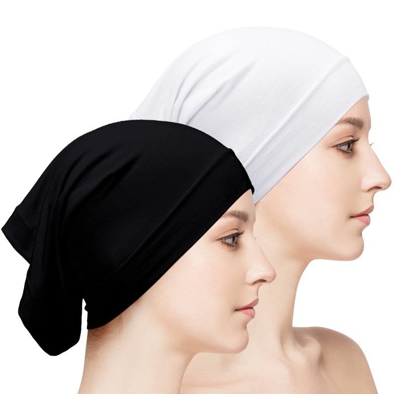 Loopeer Women Under Scarf Hijab Cap 2 Pcs Under Caps for Turban Hijab Undercap Head Wraps Scarf Solid Color Hijab Tube Stretch Dreadlocks Tube Neck Cover, Black White - Image 1