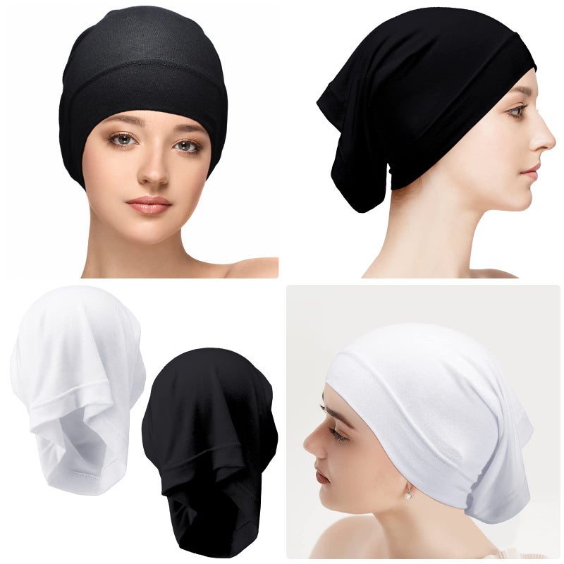 Loopeer Women Under Scarf Hijab Cap 2 Pcs Under Caps for Turban Hijab Undercap Head Wraps Scarf Solid Color Hijab Tube Stretch Dreadlocks Tube Neck Cover, Black White - Image 2