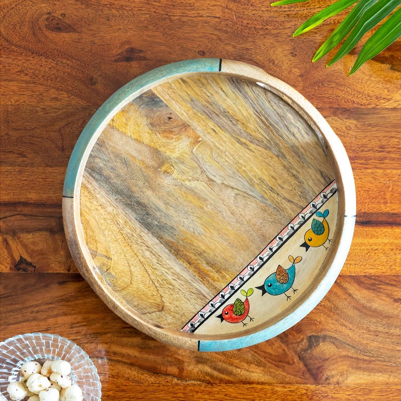 ExclusiveLane 'Flock of Birds' Decorative Wooden Tray for Serving Snacks Tea Coffee | Handpainted Round Serving Tray Wooden Tray for Serving Breakfast Tray for Dining Table (Mango Wood) - Image 1