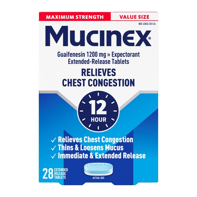 Mucinex Maximum Strength 12 Hour Chest Congestion Expectorant Relief Tablets, 1200 mg, Thins & Loosens Mucus, 28 Count - Image 1