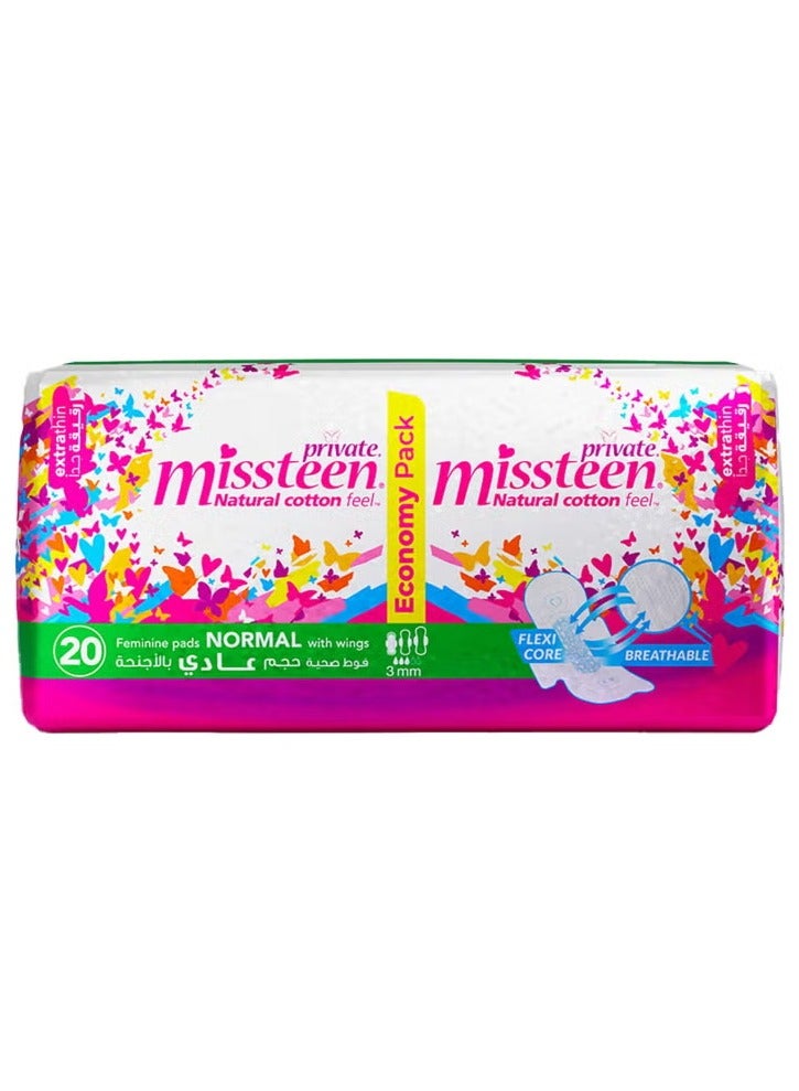 Missteen Feminine Pads Normal With Wings, Extrathin, Natural Cotton Feel, Economy Pack,20 Pads