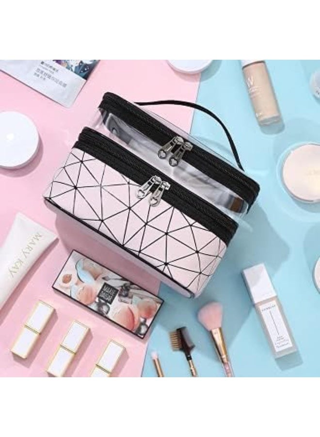 Two-Tier Cosmetic Bag with Clear Top & Geometric Pattern, 23x17x16cm - Image 3