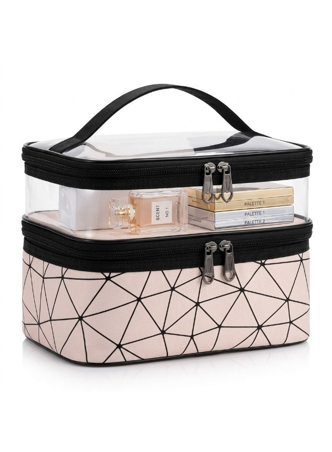 Two-Tier Cosmetic Bag with Clear Top & Geometric Pattern, 23x17x16cm - Image 1