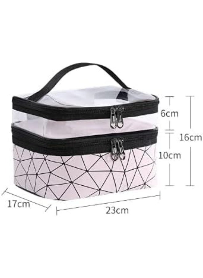 Two-Tier Cosmetic Bag with Clear Top & Geometric Pattern, 23x17x16cm - Image 2