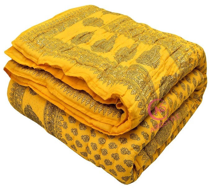 400 TC PURE COTTON JAIPURI QUILT WITH TRADITIONAL RAJASTHANI FLORAL DESIGN GOLD PRINT LIGHTWEIGHT RAJAI FOR WINTER SUMMER MULTICOLOR407 SINGLE BED90 X 60 INCH