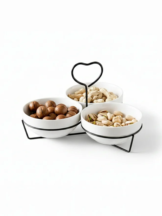 Shallow 3-Piece Round Porcelain Bowl Set with Metal Black Stand, 14cm