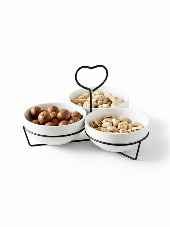 Shallow 3-Piece Round Porcelain Bowl Set with Metal Black Stand, 14cm - Image 2