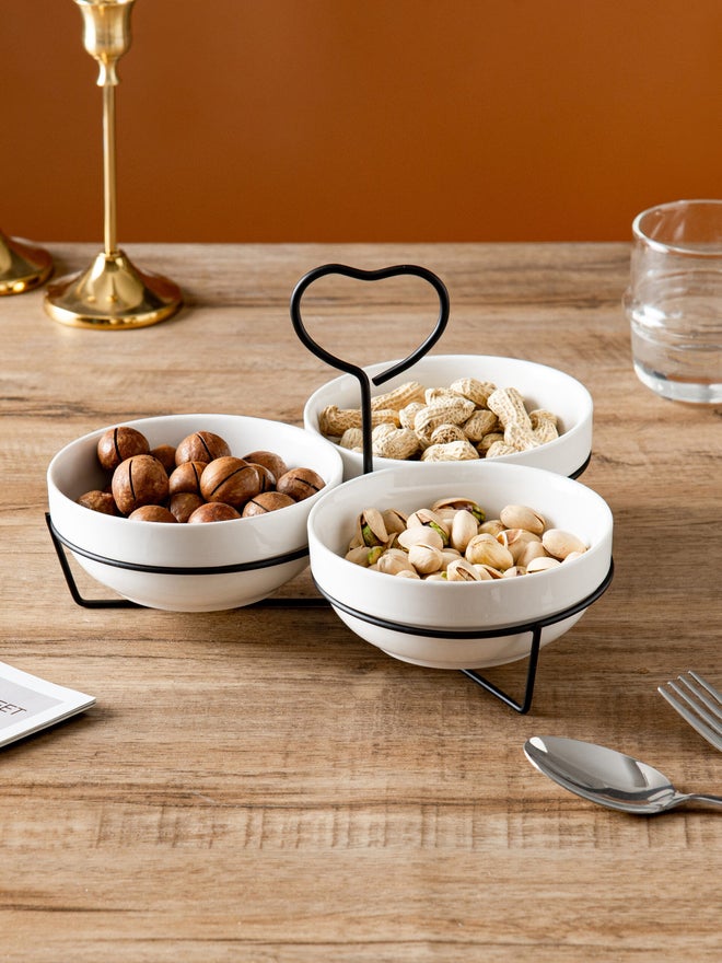 Shallow 3-Piece Round Porcelain Bowl Set with Metal Black Stand, 14cm - Image 5