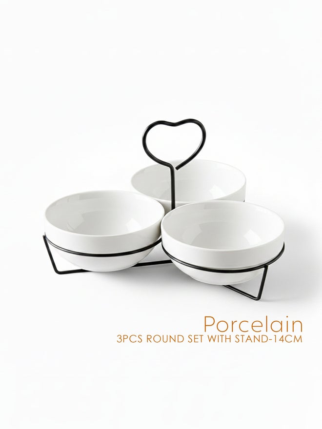Shallow 3-Piece Round Porcelain Bowl Set with Metal Black Stand, 14cm - Image 1