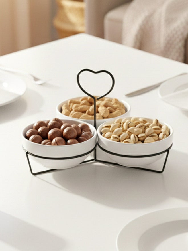 Shallow 3-Piece Round Porcelain Bowl Set with Metal Black Stand, 14cm - Image 4