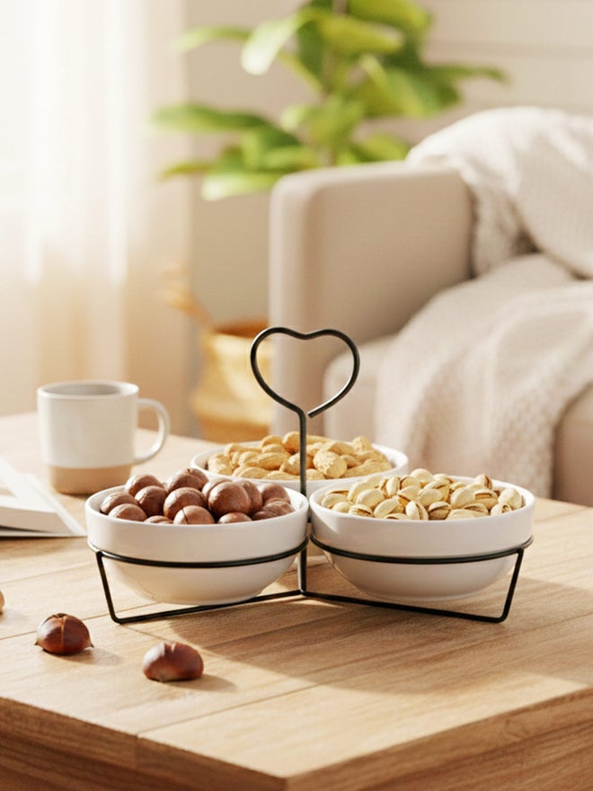 Shallow 3-Piece Round Porcelain Bowl Set with Metal Black Stand, 14cm - Image 3