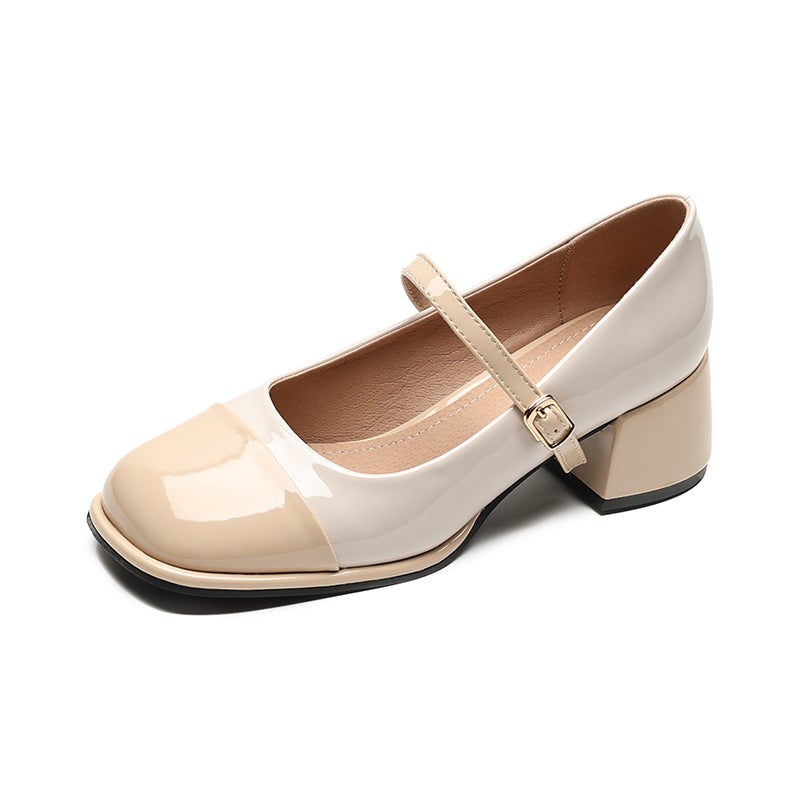 Chic Mary Jane Pumps Summer French Style Mid-Heel Large Size Apricot 