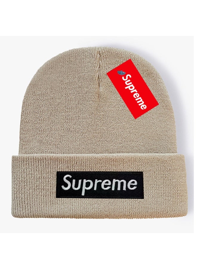 Supreme Beige Knit Beanie with Box Logo & Red Tag
