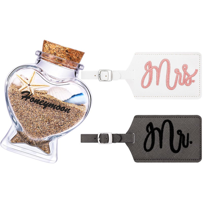 Frienda 2 Pieces Honeymoon Luggage Tags Mr and Mrs Luggage Tags Honeymoon Sand Keepsake Wedding Bridal Shower Gift Jar Glass Bottle with Cork for Honeymoon Bridal Shower (Classic Style)  - Image 1