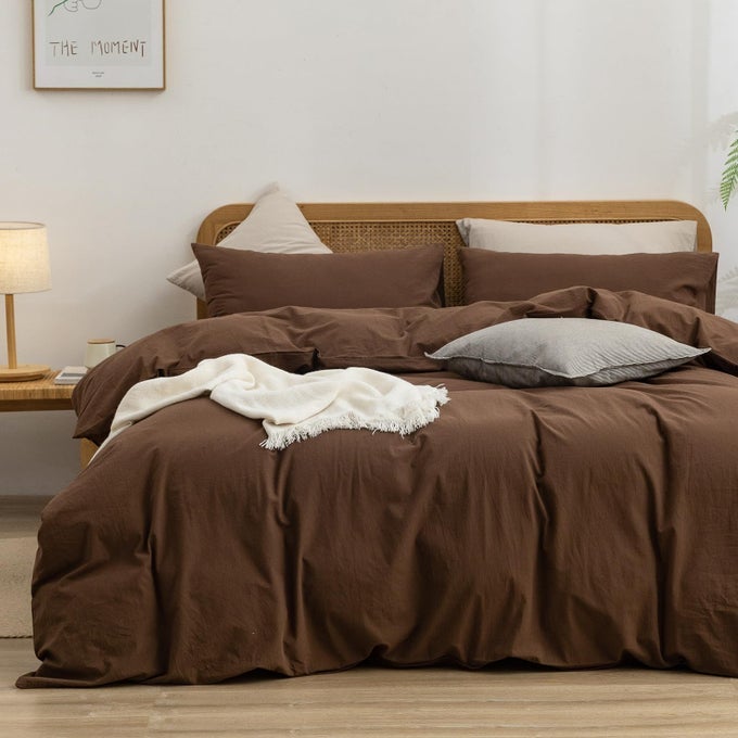 DUVET COVER SET 100 WASHED COTTON LINEN FEEL SUPER SOFT COMFORTABLE CHIC LIGHTWEIGHT 3 PCS HOME BEDDING SET SOLID COCOA BROWN SUPER KING PLUS