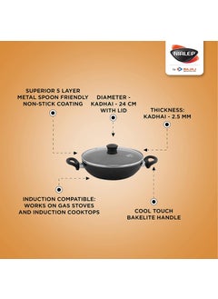 NIRLEP Nirlep - IRGS 05 FPSK by Bajaj Electricals Kitchen Essential Induction Set - Aluminium Non Stick Fry Pan 24 Cm , Kadhai 24 Cm with Lid, 2.5 mm - Black  - Image 5