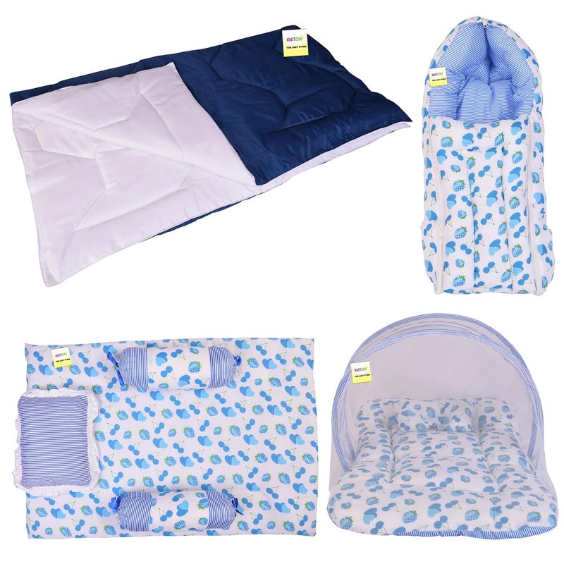 Kwitchy مجموعة سرير حديثي الولادة كويتشي مع مرتبة أطفال مع حقيبة نوم شبكية مجموعة مريحة 06 أشهر باللون الأزرق 4 قطع - Image 1