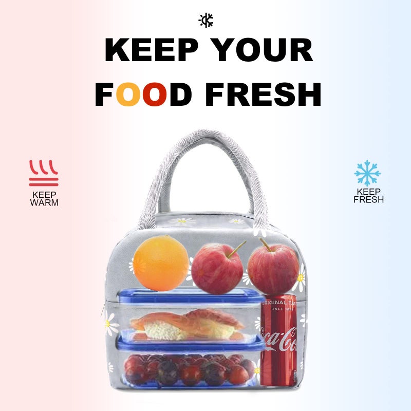 Sonuimy Insulated Lunch Bag Women Girls  Reusable Cute Tote Lunch Box For Adult & Men  Leakproof Cooler Lunch Bags For Work Office Travel School Picnic (Grey With White Daisy) - Image 3