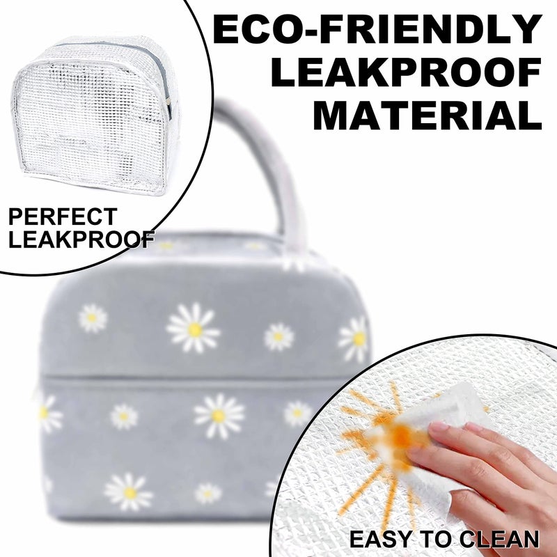 Sonuimy Insulated Lunch Bag Women Girls  Reusable Cute Tote Lunch Box For Adult & Men  Leakproof Cooler Lunch Bags For Work Office Travel School Picnic (Grey With White Daisy) - Image 2