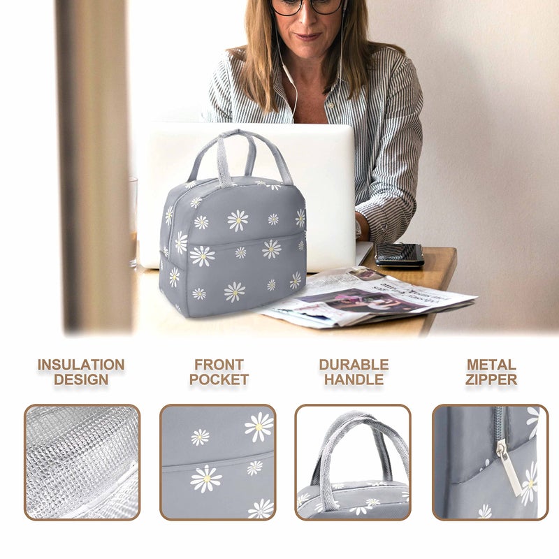 Sonuimy Insulated Lunch Bag Women Girls  Reusable Cute Tote Lunch Box For Adult & Men  Leakproof Cooler Lunch Bags For Work Office Travel School Picnic (Grey With White Daisy) - Image 4