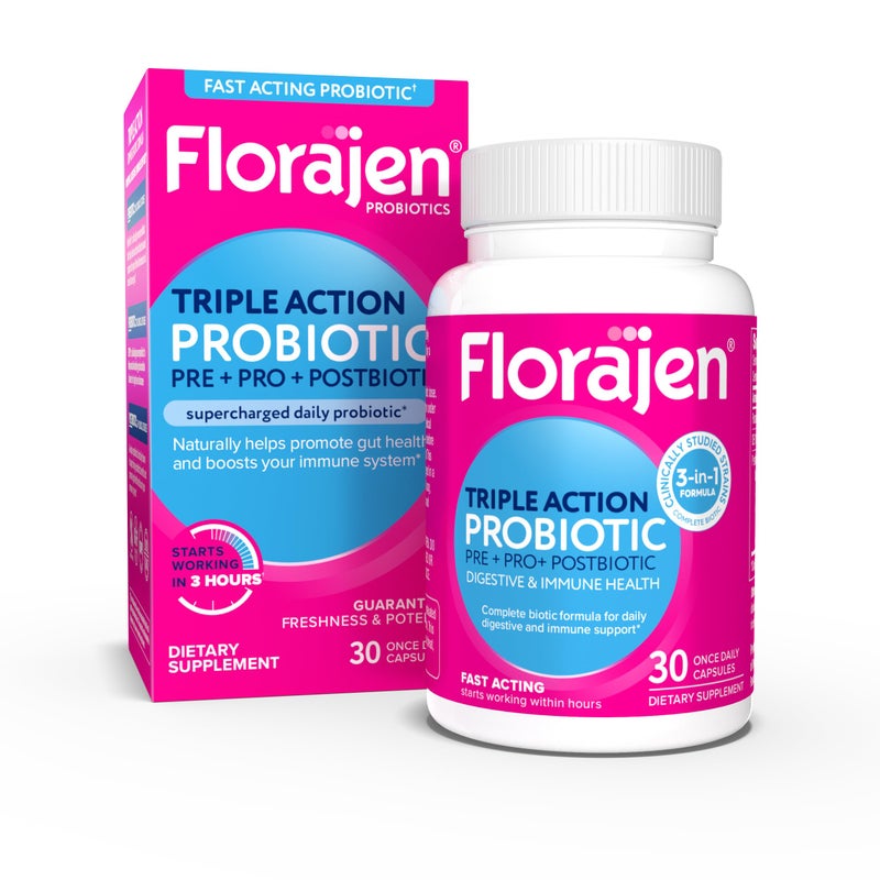 Florajen Complete ProbioticTriple Action Prebiotic Probiotic Postbiotic for Digestive Immune SupportFastActing Relief from Constipation Bloating GlutenFree Vegan NonGMO 30 Count