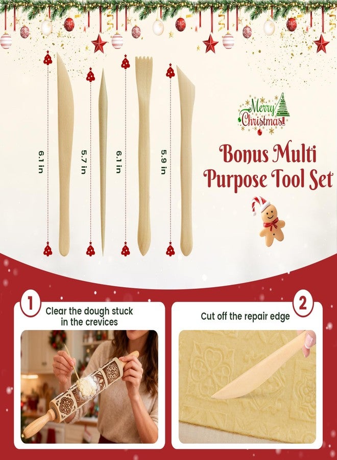 Gobam Embossed Rolling Pin for Cookies, Engraved Wooden Rolling Pin for Baking, Deep Pattern Cookie Roller for Christmas, Holiday, DIY Kitchen Decor and Gift - Vintage Tile - Image 5
