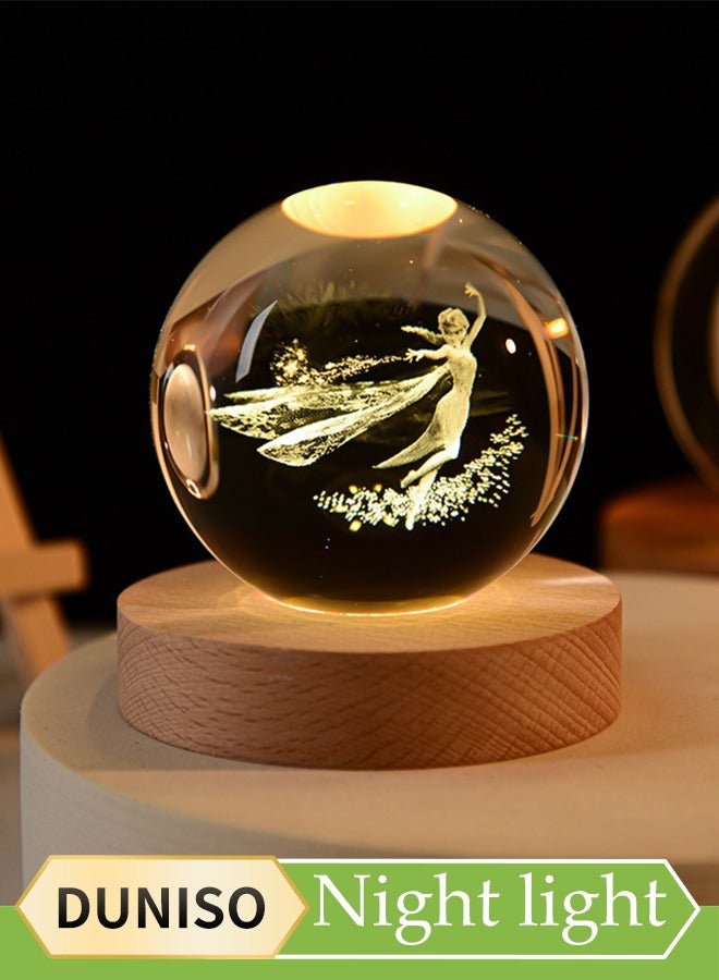 DUNISO كرة كريستال ثلاثية الأبعاد ضوء ليلي، 6 سم ضوء LED مع قاعدة خشبية، ضوء ليلي دافئ لطاولة سرير الأطفال، مناسب للمكتب، غرفة النوم، الدراسة، غرفة المعيشة - Image 1