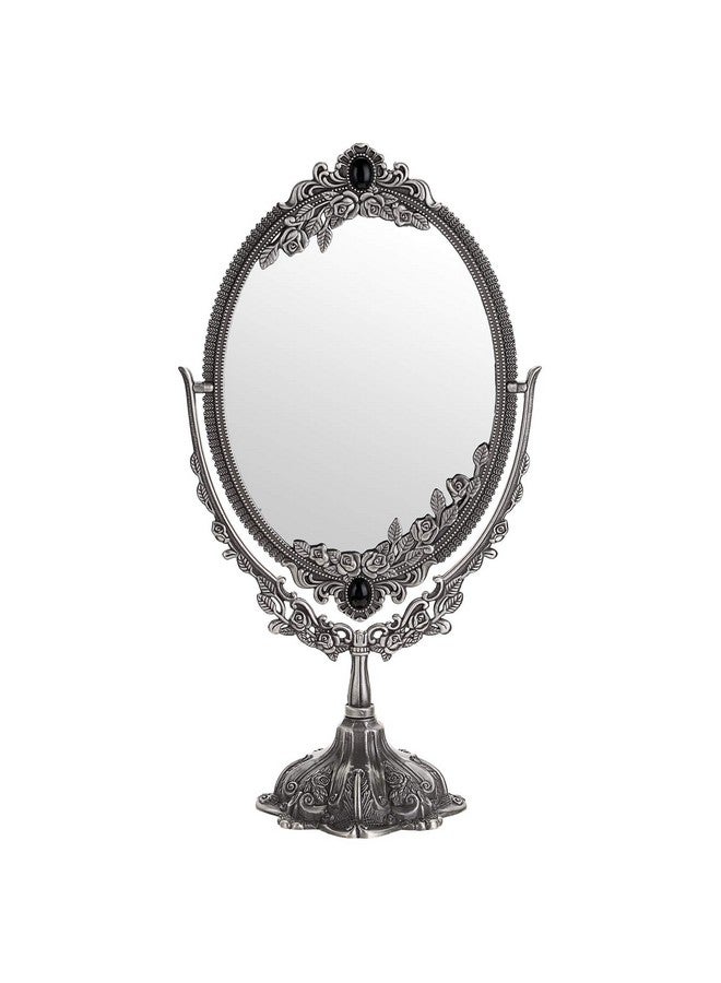 JUXYES Metal Tabletop Antique Decorative Makeup Mirror With Standvintage Swivel Double Sided Cosmetic Mirror With Frameretro Desktop Oval Dressing Mirror For Bathroom Bedroom - Image 1