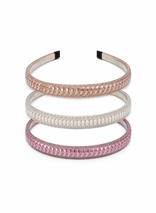 NNR Premium Designer Stone Studded Hair Band Set for Women and Girls | Elegant Headbands with Comfortable Grip | Stylish Hair Accessories for Weddings, Festive Events and Special Occasions (Golden/White/Pink) - Image 1