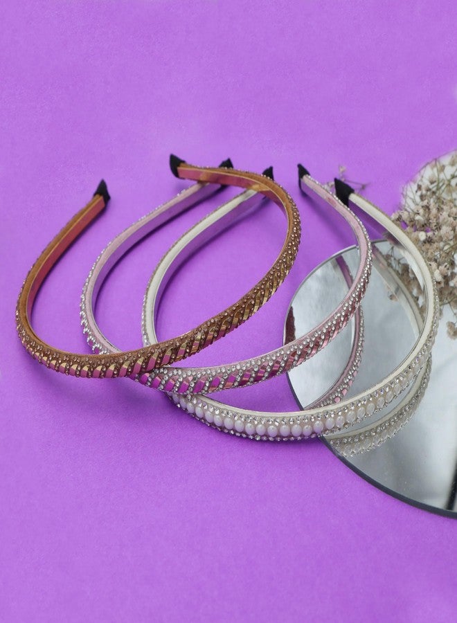 NNR Premium Designer Stone Studded Hair Band Set for Women and Girls | Elegant Headbands with Comfortable Grip | Stylish Hair Accessories for Weddings, Festive Events and Special Occasions (Golden/White/Pink) - Image 2