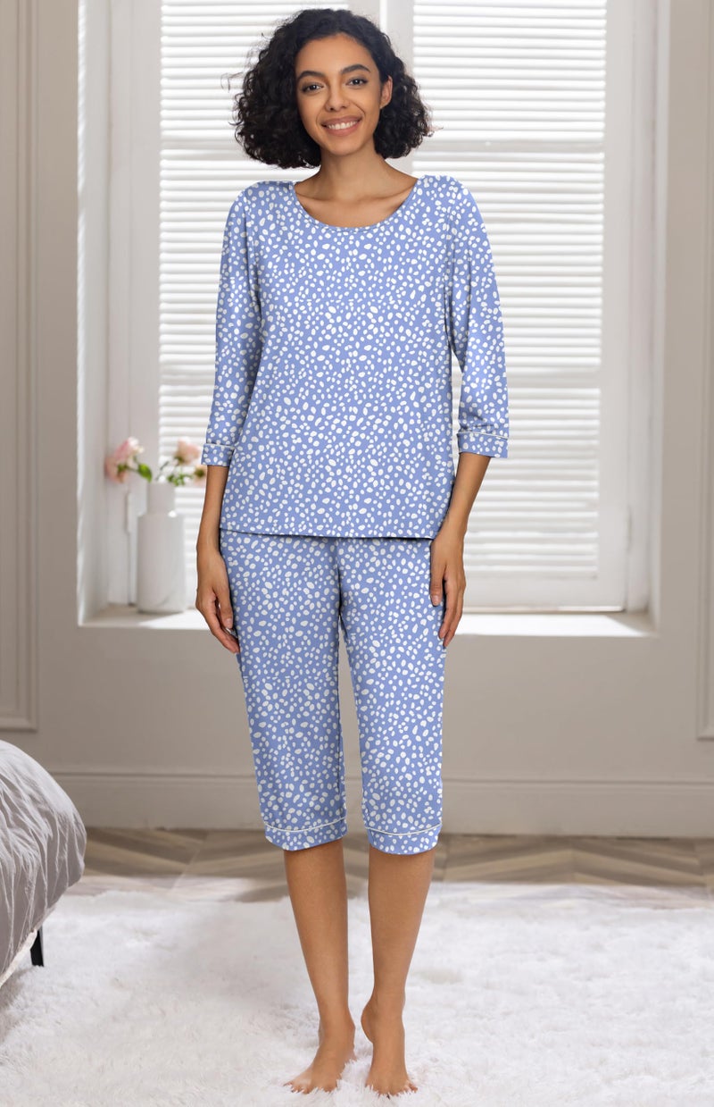PrinStory Women's Pajama Set Capri Pjs Sets 2 Piece Soft Lounge Sets Sleepwear with Pockets Spot Blue-XL - Image 3