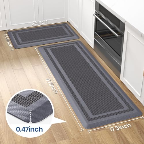 KitchenClouds [2 PCS] Kitchen Rugs Cushioned Anti-Fatigue Kitchen Mats for Floor Waterproof Kitchen Rug Set Non-Slip Comfort Standing Mat for Office, Sink, Laundry 17.3"×29"+17.3"×47", Grey - Image 2