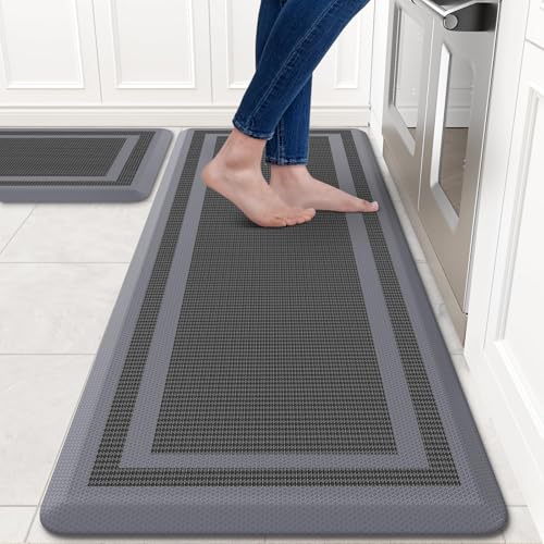 KitchenClouds [2 PCS] Kitchen Rugs Cushioned Anti-Fatigue Kitchen Mats for Floor Waterproof Kitchen Rug Set Non-Slip Comfort Standing Mat for Office, Sink, Laundry 17.3"×29"+17.3"×47", Grey - Image 1