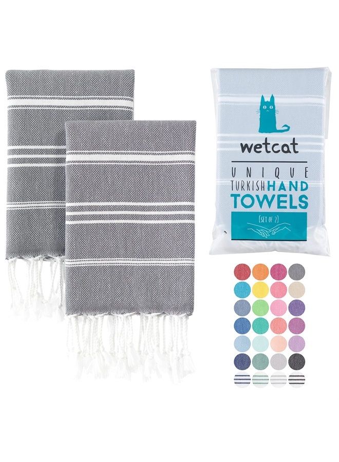 WetCat Turkish Hand Towels with Hanging Loop (20 x 30) - Set of 2, 100% Cotton, Soft - Pre Washed Boho Farmhouse Kitchen Towels - Unique Decorative Hand Towels for Bathroom (Dark Gray) - Image 1