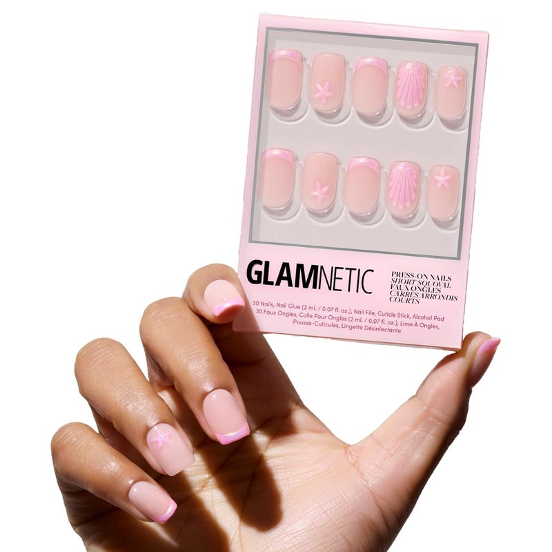 Glamnetic Press On Nails - Blush Dunes | Short Squoval Fake Nails with Pink French Tips and 3D Accents, Salon Quality Summer Nails | 15 Sizes - 30 Nail Kit with Glue - Image 1