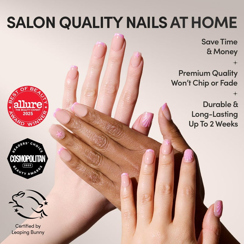 Glamnetic Press On Nails - Blush Dunes | Short Squoval Fake Nails with Pink French Tips and 3D Accents, Salon Quality Summer Nails | 15 Sizes - 30 Nail Kit with Glue - Image 2