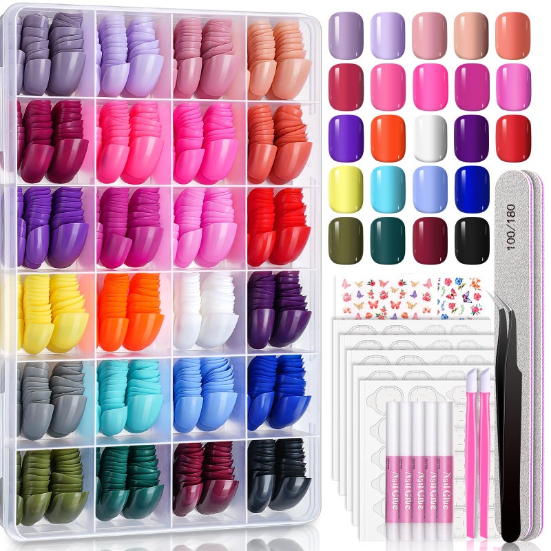 TsMADDTs Press on Nails, 720 pcs Short Round Fake Nails with Glue, Files, Tweezer for Women DIY at Home - Image 1