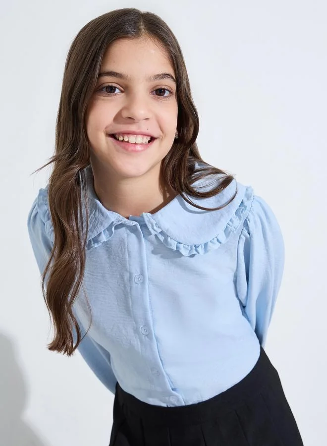 Styli Teen Girls Light Blue Peter Pan Collar Long Sleeve Shirt