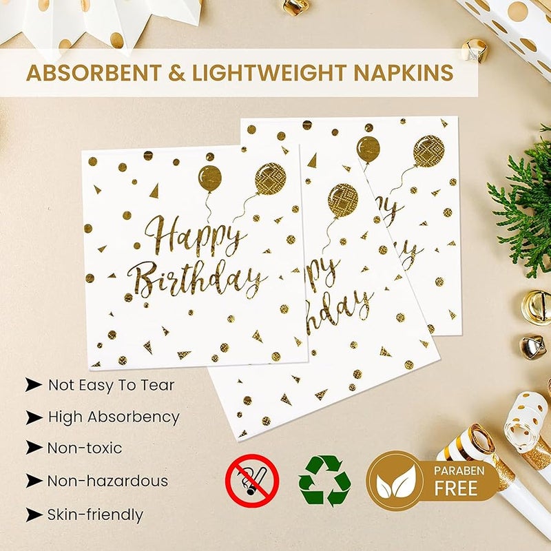PUEVENYI اطباق ورقية بعبارة Happy Birthday 75 قطعة من بويفينيي - اطباق ورقية منقطة باللون الابيض والذهبي ومنديل 6.5 انش مع شوك 6.3 انش، مجموعة ادوات مائدة للاستعمال مرة واحدة لتزيين حفلات اعياد الميلاد، تكفي - Image 4